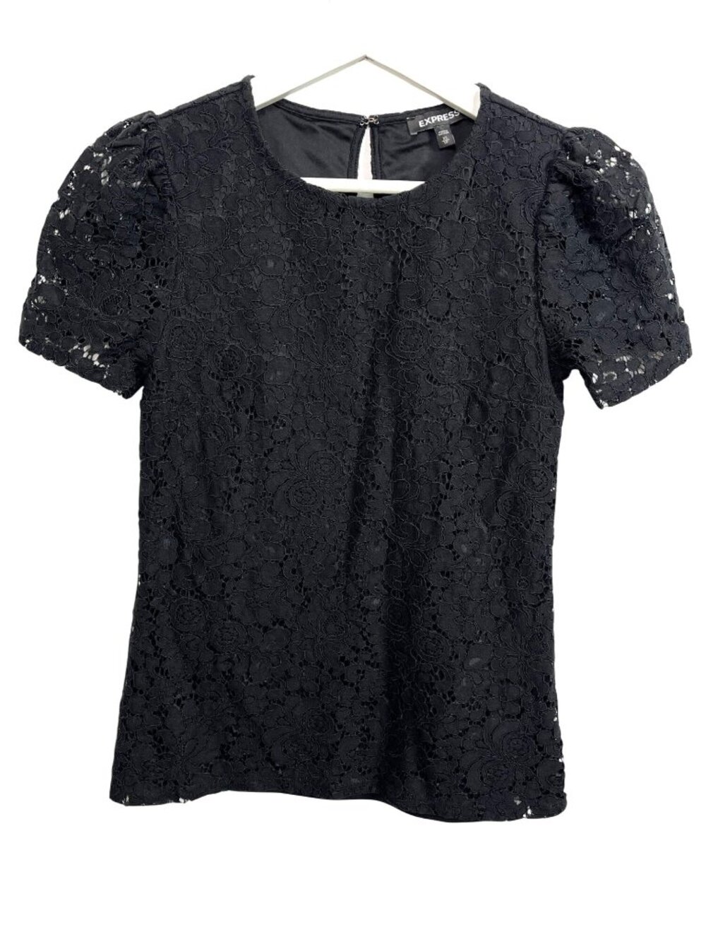 Express Black Lace Puff Sleeve Top XS Gothic Chic Short Sleeve Blouse